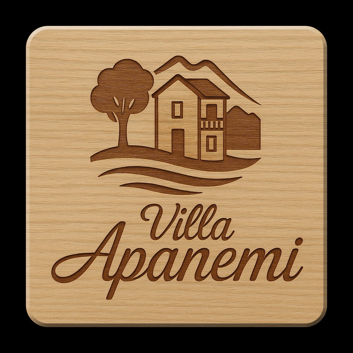 Carved wooden Villa Apanemi name board